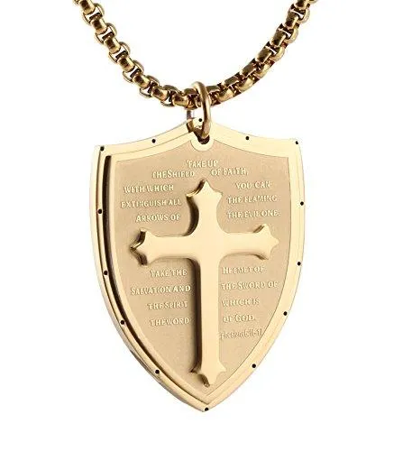 Shield Armor of God Ephesians 6:16-17, Faith Cross Stainless Steel Pendant Necklace