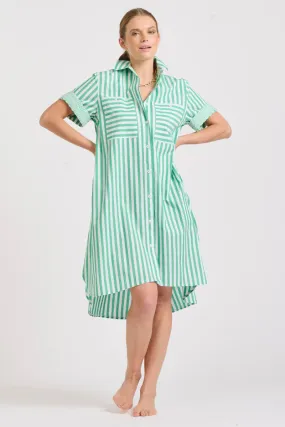 Shirty - The Evie Short Sleeve Shirt Dress - Green Stripe Combo