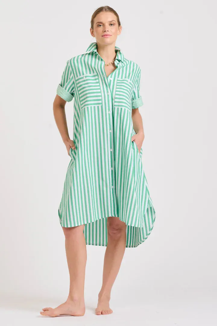 Shirty - The Evie Short Sleeve Shirt Dress - Green Stripe Combo