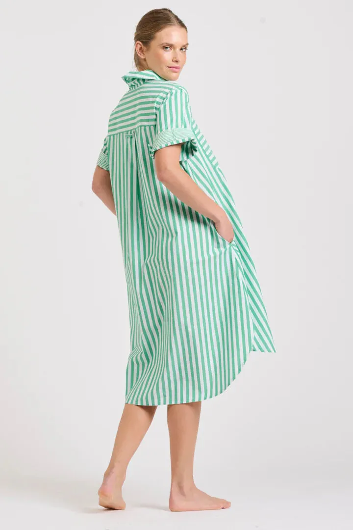 Shirty - The Evie Short Sleeve Shirt Dress - Green Stripe Combo