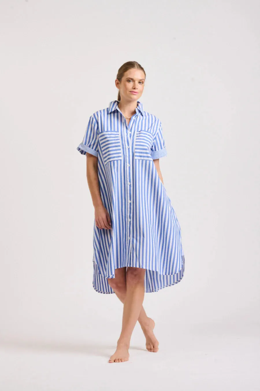 Shirty - The Evie Short Sleeve Shirt Dress - Mid Blue Stripe Combo