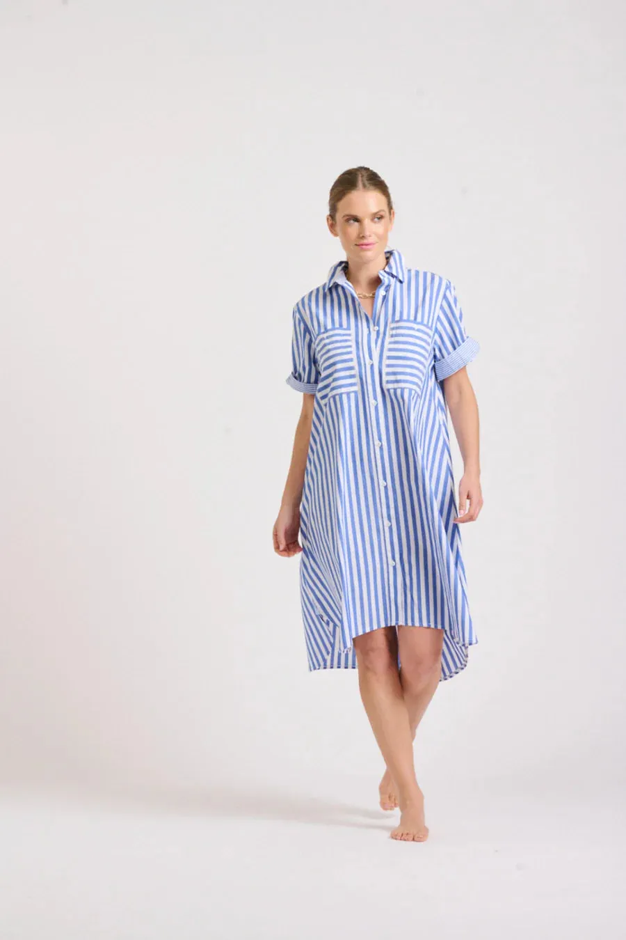 Shirty - The Evie Short Sleeve Shirt Dress - Mid Blue Stripe Combo