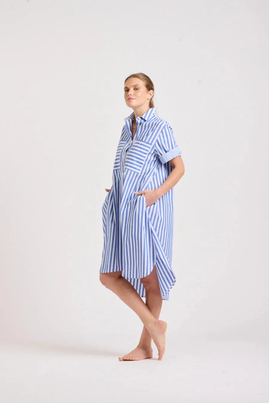 Shirty - The Evie Short Sleeve Shirt Dress - Mid Blue Stripe Combo