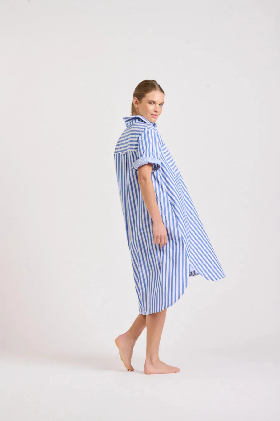 Shirty - The Evie Short Sleeve Shirt Dress - Mid Blue Stripe Combo