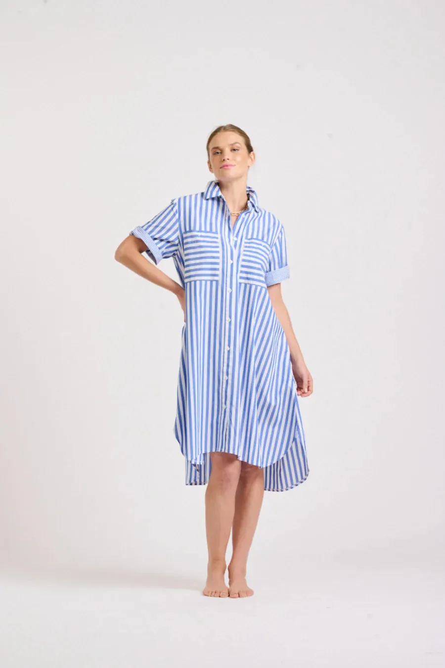 Shirty - The Evie Short Sleeve Shirt Dress - Mid Blue Stripe Combo