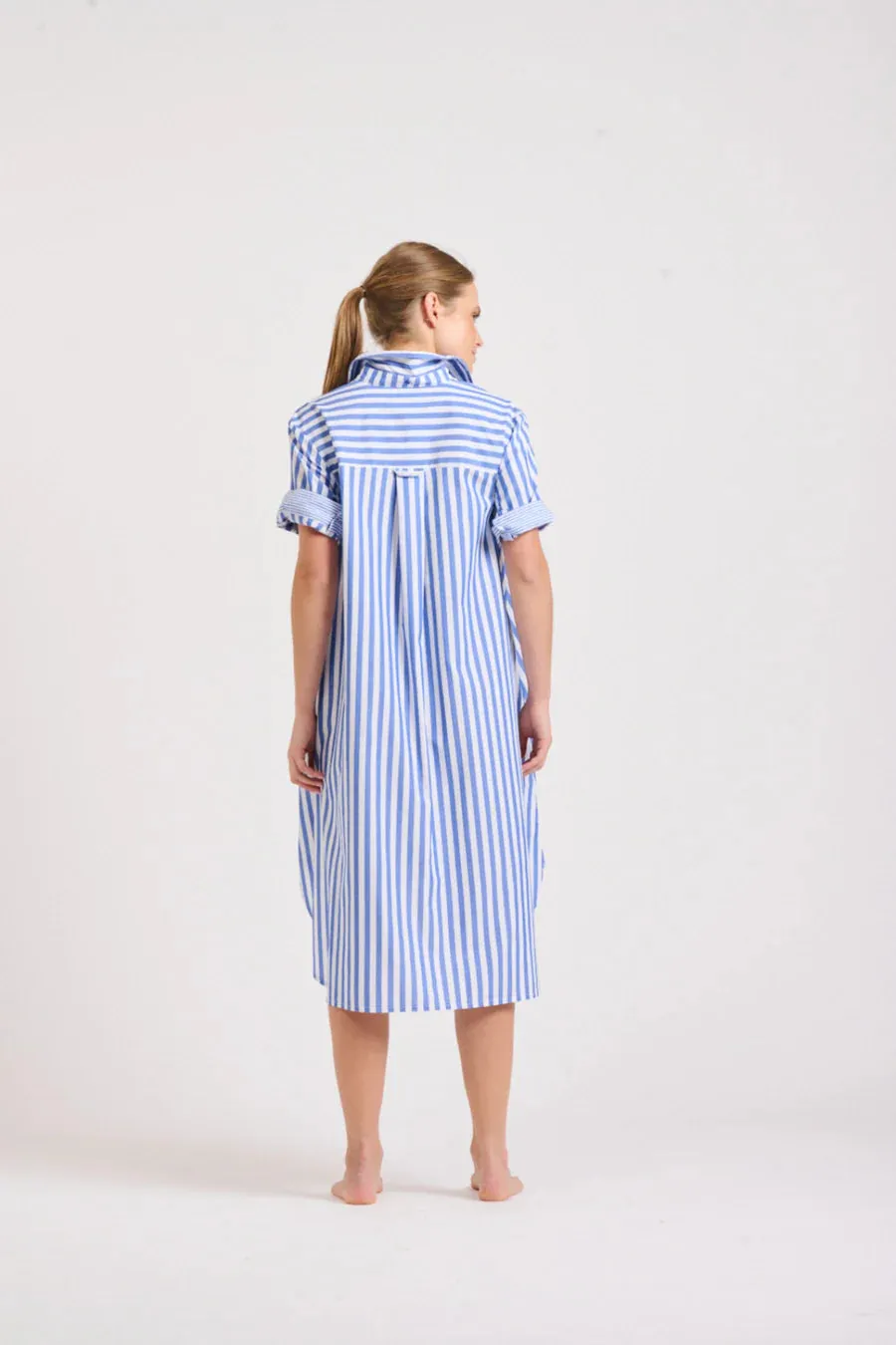 Shirty - The Evie Short Sleeve Shirt Dress - Mid Blue Stripe Combo