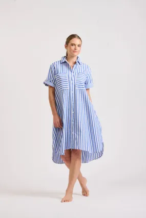 Shirty - The Evie Short Sleeve Shirt Dress - Mid Blue Stripe Combo