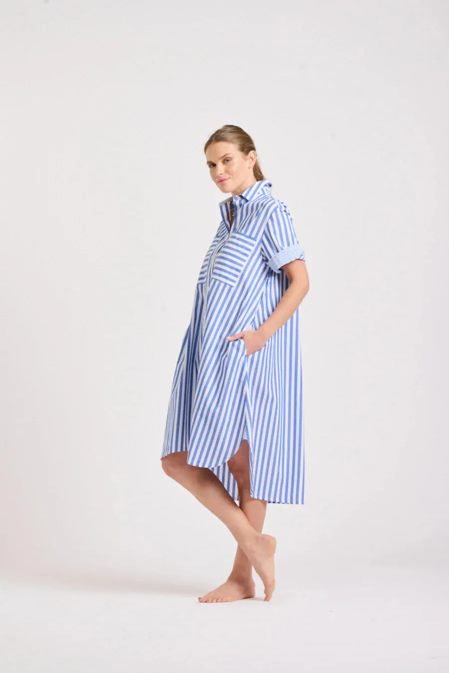 Shirty - The Evie Short Sleeve Shirt Dress - Mid Blue Stripe Combo