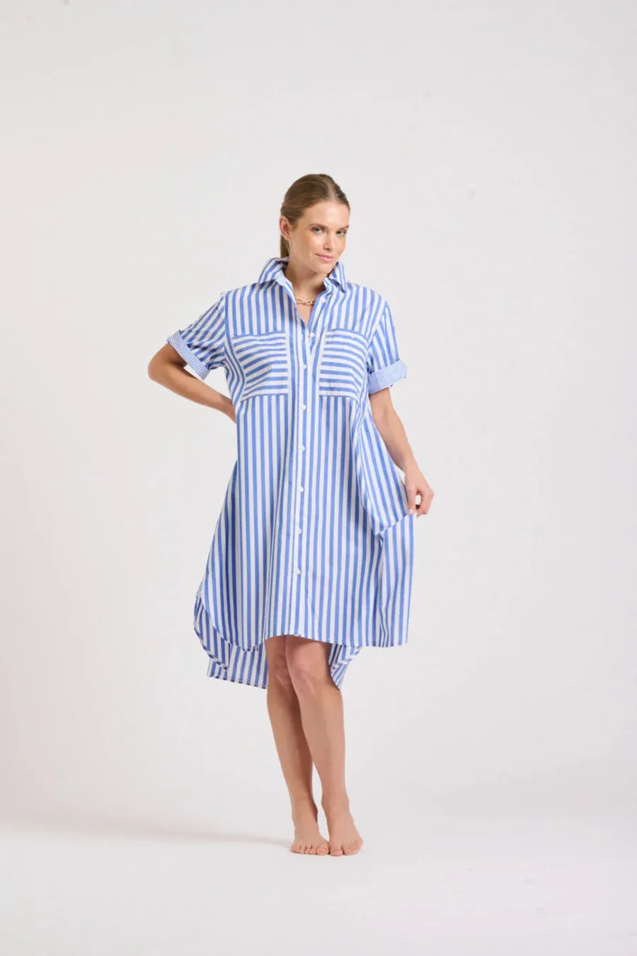 Shirty - The Evie Short Sleeve Shirt Dress - Mid Blue Stripe Combo