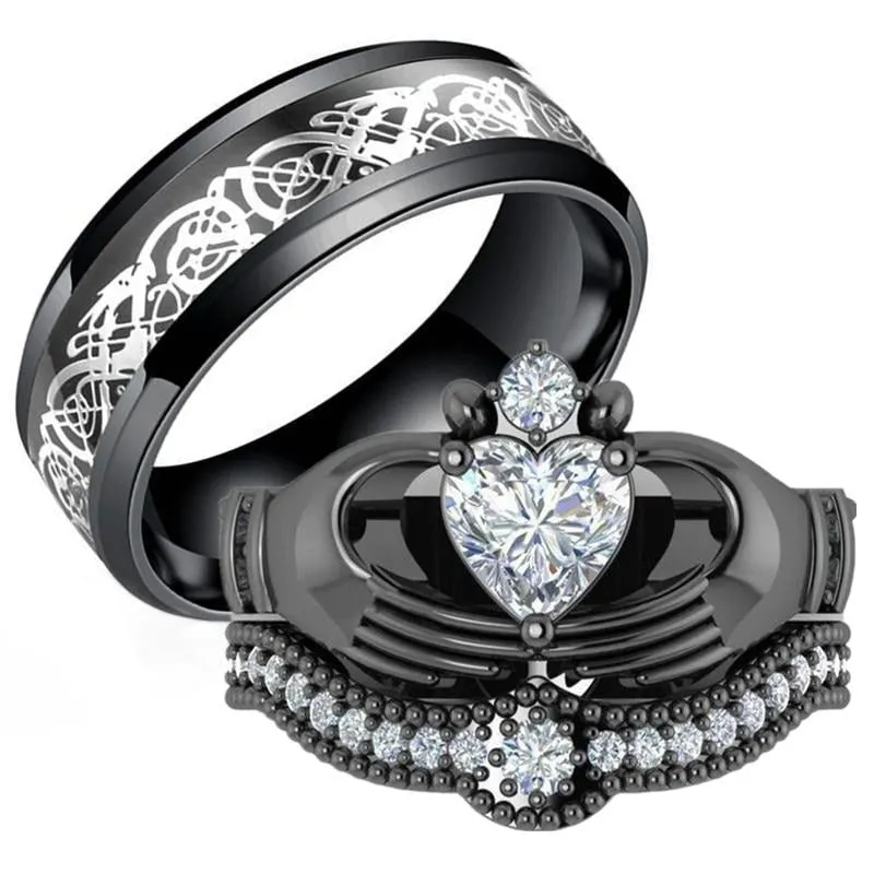 Silver Celtic Dragon Inlay and White Heart Cubic Zirconia Claddagh Stainless Steel Wedding Ring Set