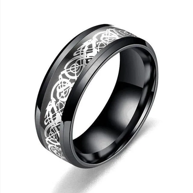 Silver Celtic Dragon Inlay and White Heart Cubic Zirconia Claddagh Stainless Steel Wedding Ring Set