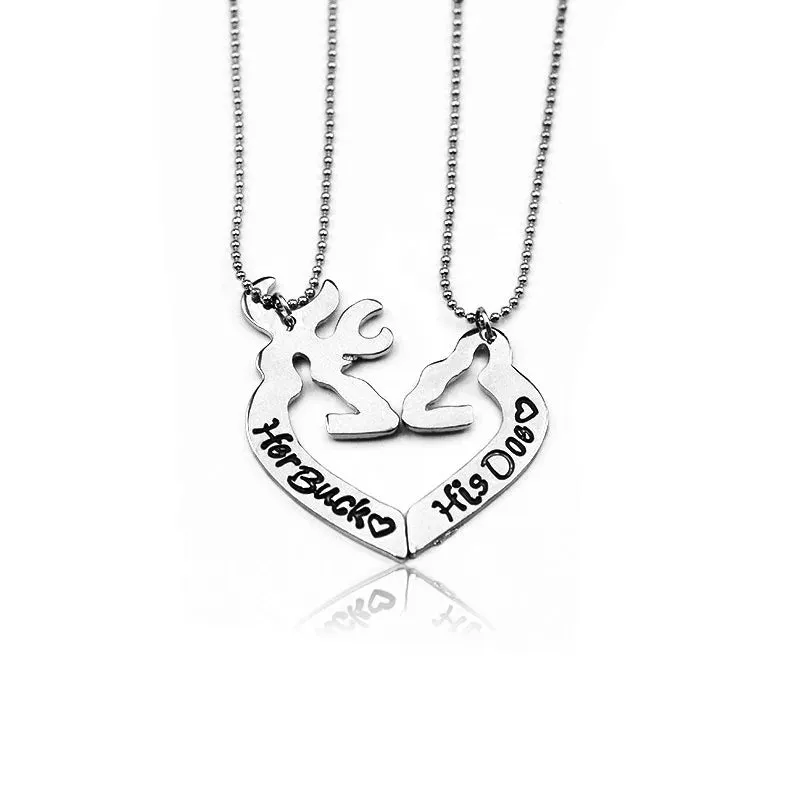 Silver Color Split Heart Her Buck His Doe Deer Pendant Necklace Set of 2