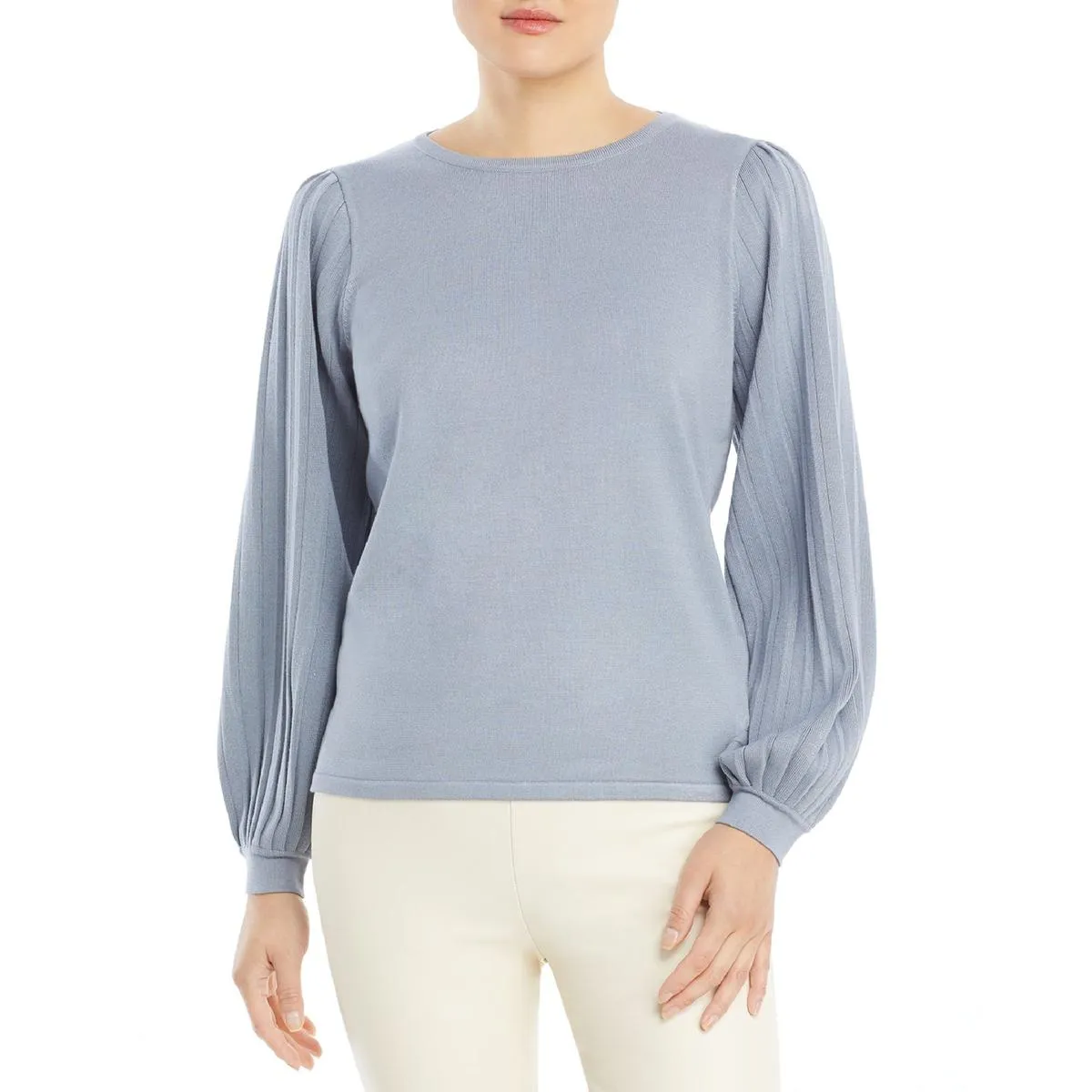 T Tahari Womens Pleated Sleeve Crewneck Pullover Sweater