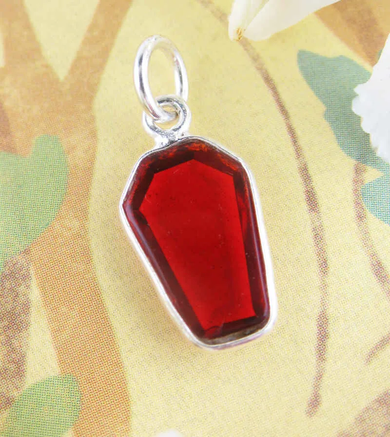 Tiny Red Garnet Coffin Charm