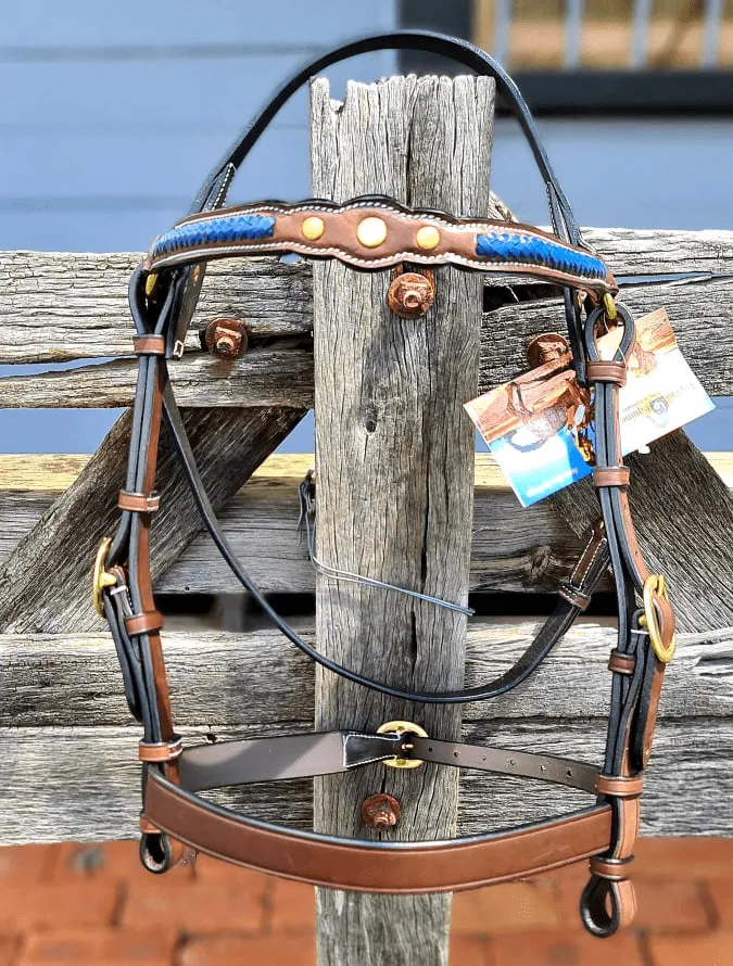 Toprail Leather Show Bridle with Blue Plait Browband & 3 Studs