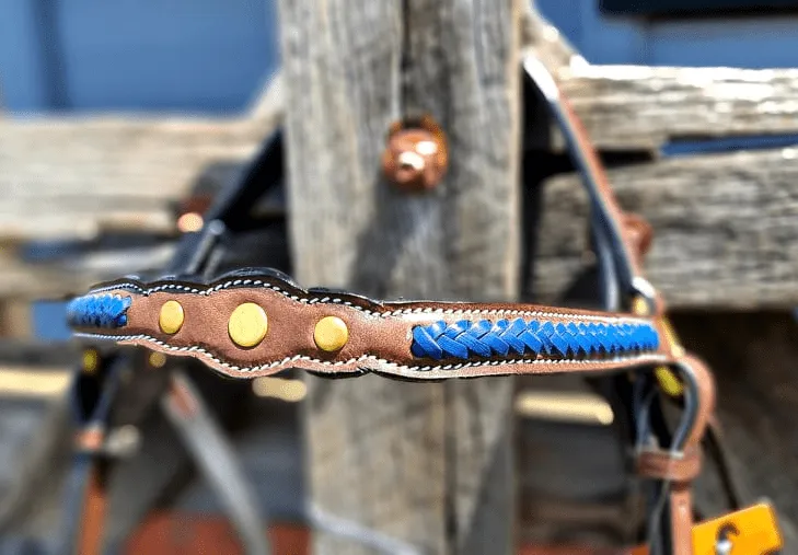 Toprail Leather Show Bridle with Blue Plait Browband & 3 Studs