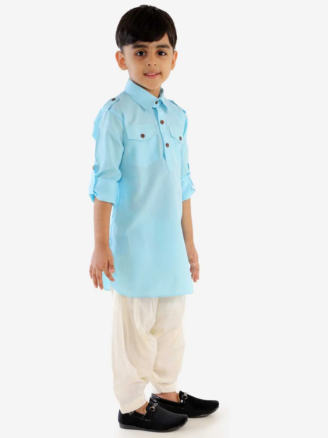 Vastramay Boy's Blue Cotton Blend Pathani Suit Set