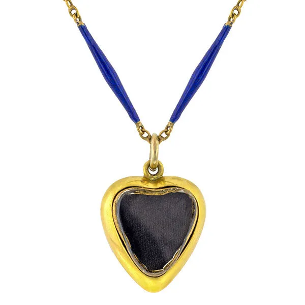 Victorian Blue Enamel &  Pearl Heart Locket Necklace