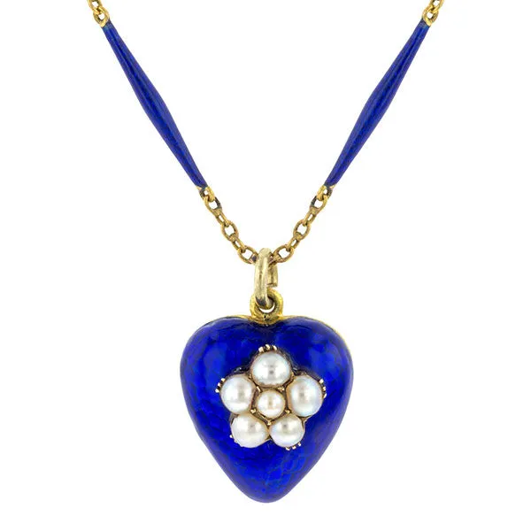 Victorian Blue Enamel &  Pearl Heart Locket Necklace