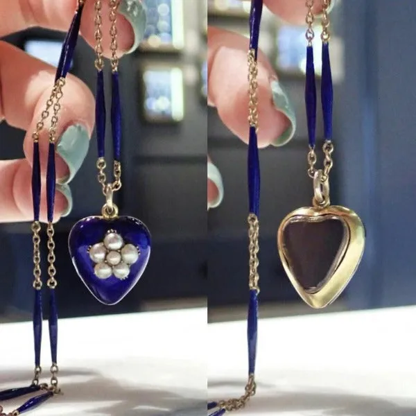 Victorian Blue Enamel &  Pearl Heart Locket Necklace