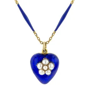 Victorian Blue Enamel &  Pearl Heart Locket Necklace