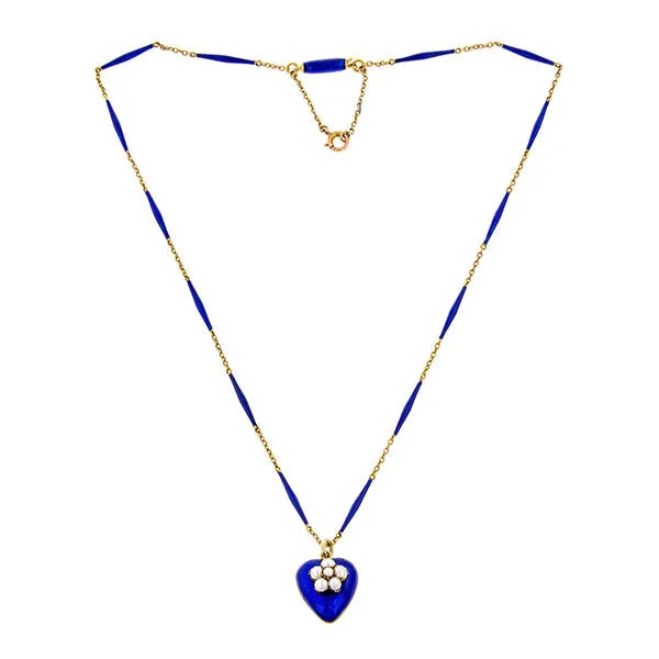 Victorian Blue Enamel &  Pearl Heart Locket Necklace