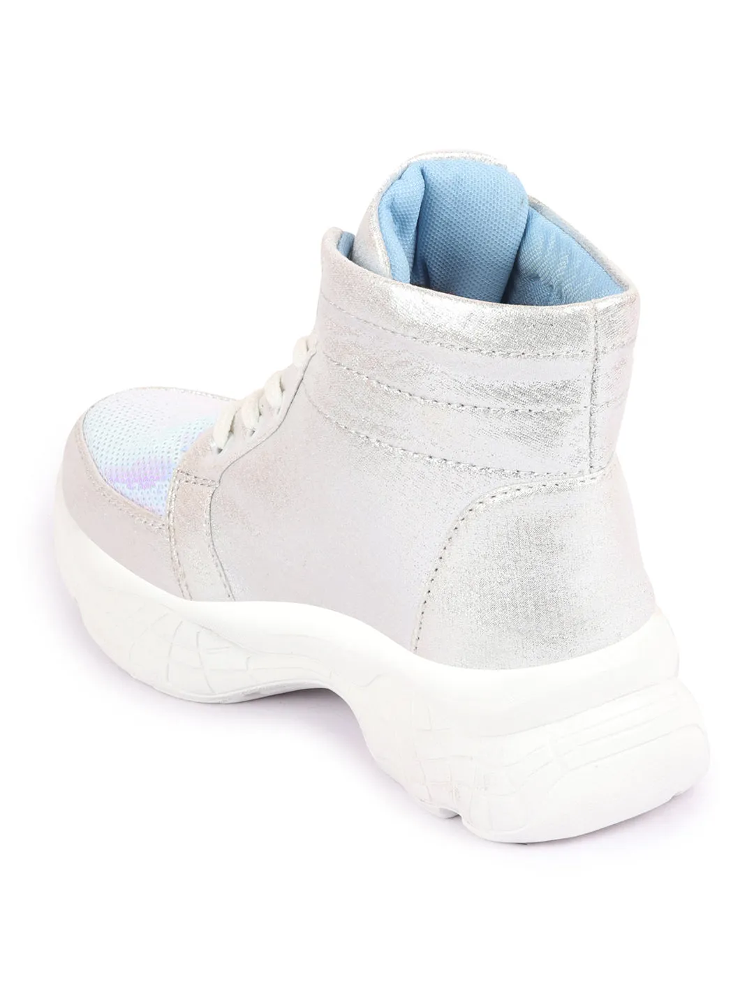 Women Silver High Ankle Lace Up Embellished Sneakers