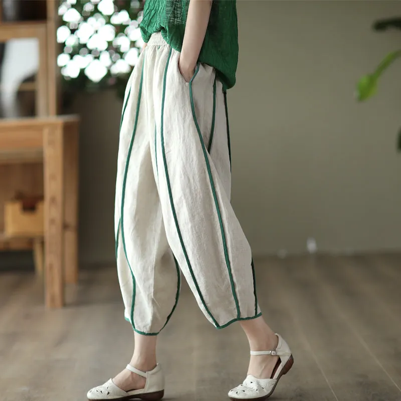 Women Summer Retro Loose Bloomers Stripe Thin Linen Pants