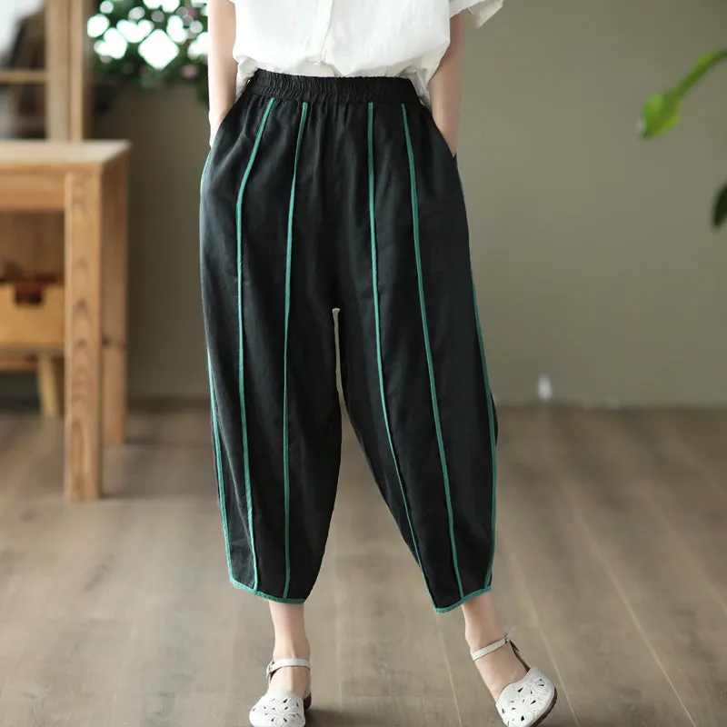 Women Summer Retro Loose Bloomers Stripe Thin Linen Pants