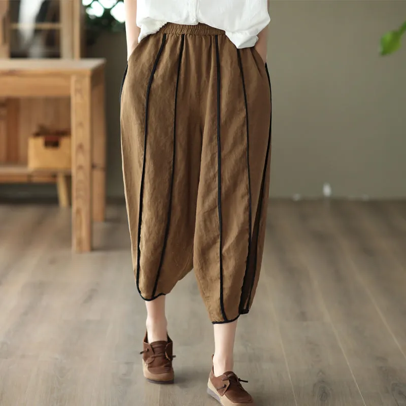 Women Summer Retro Loose Bloomers Stripe Thin Linen Pants