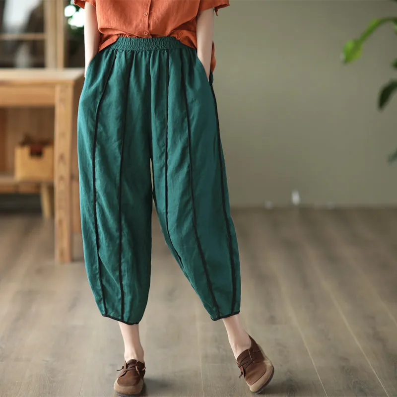 Women Summer Retro Loose Bloomers Stripe Thin Linen Pants