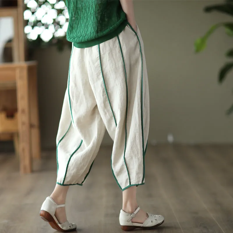 Women Summer Retro Loose Bloomers Stripe Thin Linen Pants