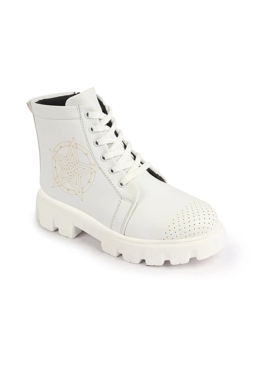 Women White Outdoor Winter High Top Chunky Lace Up Casual Boots