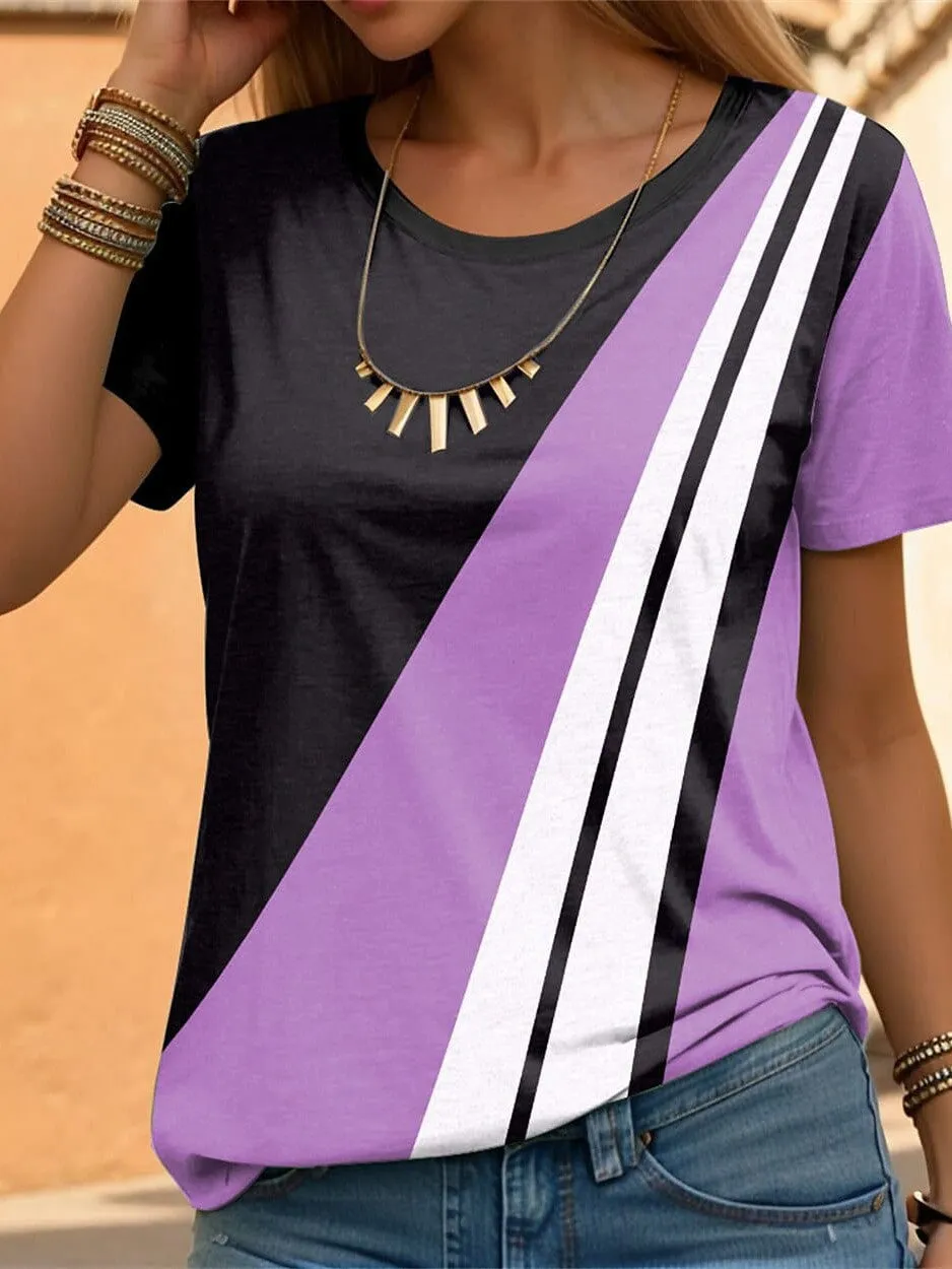 Women's Color Block T-shirt with Pink, Blue, and Purple Print - Short Sleeve Summer Fashion