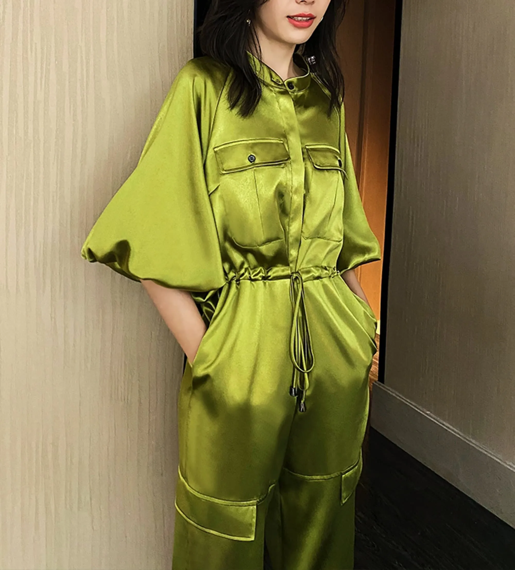 Women's Satin Jumpsuit,Green Overall,High-waist jumpsuit,loose lantern-sleeved Rompers,Green Jumpsuit,Gold Jumpsuit,Causal Loose jumpsuit