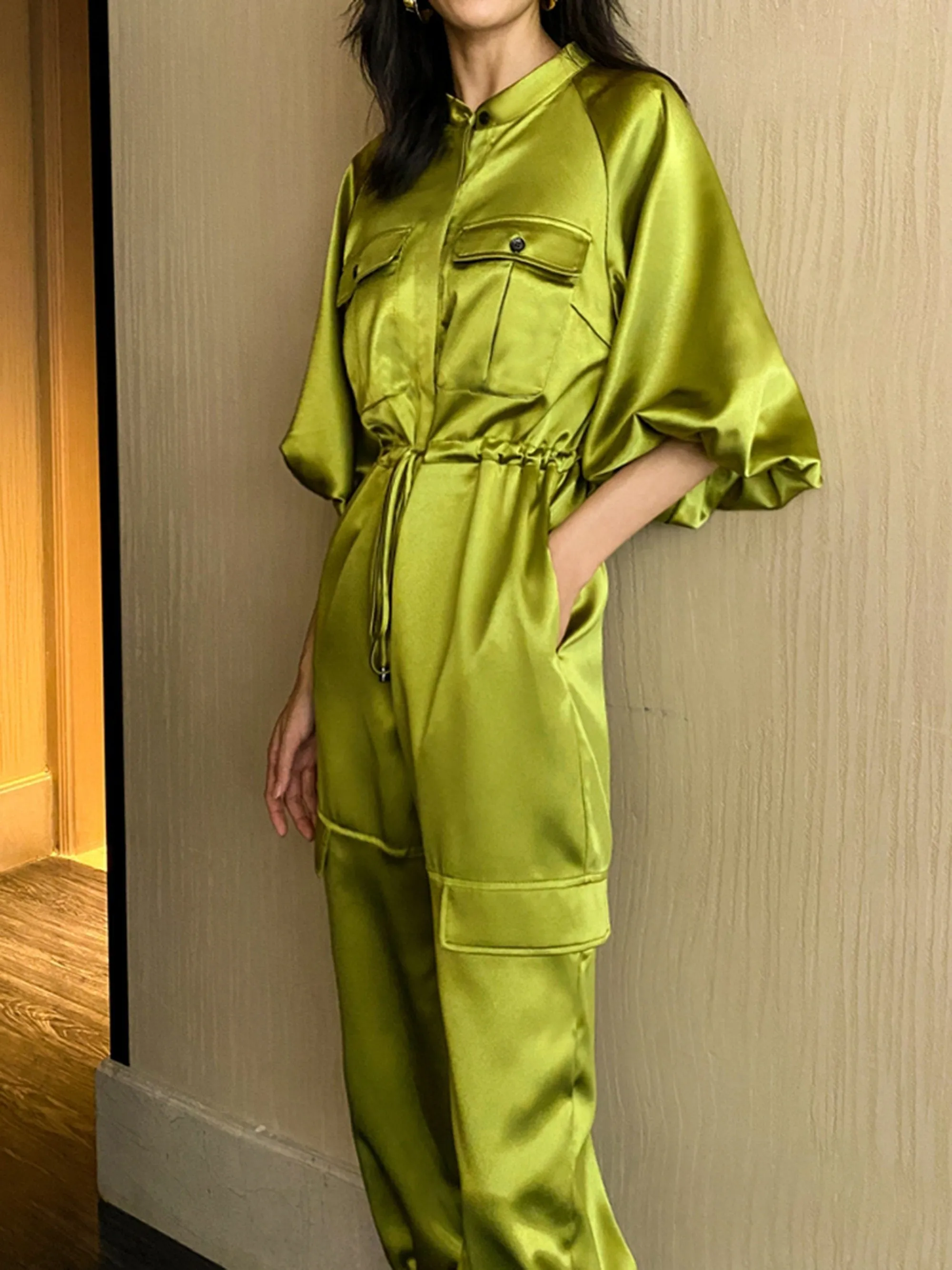 Women's Satin Jumpsuit,Green Overall,High-waist jumpsuit,loose lantern-sleeved Rompers,Green Jumpsuit,Gold Jumpsuit,Causal Loose jumpsuit