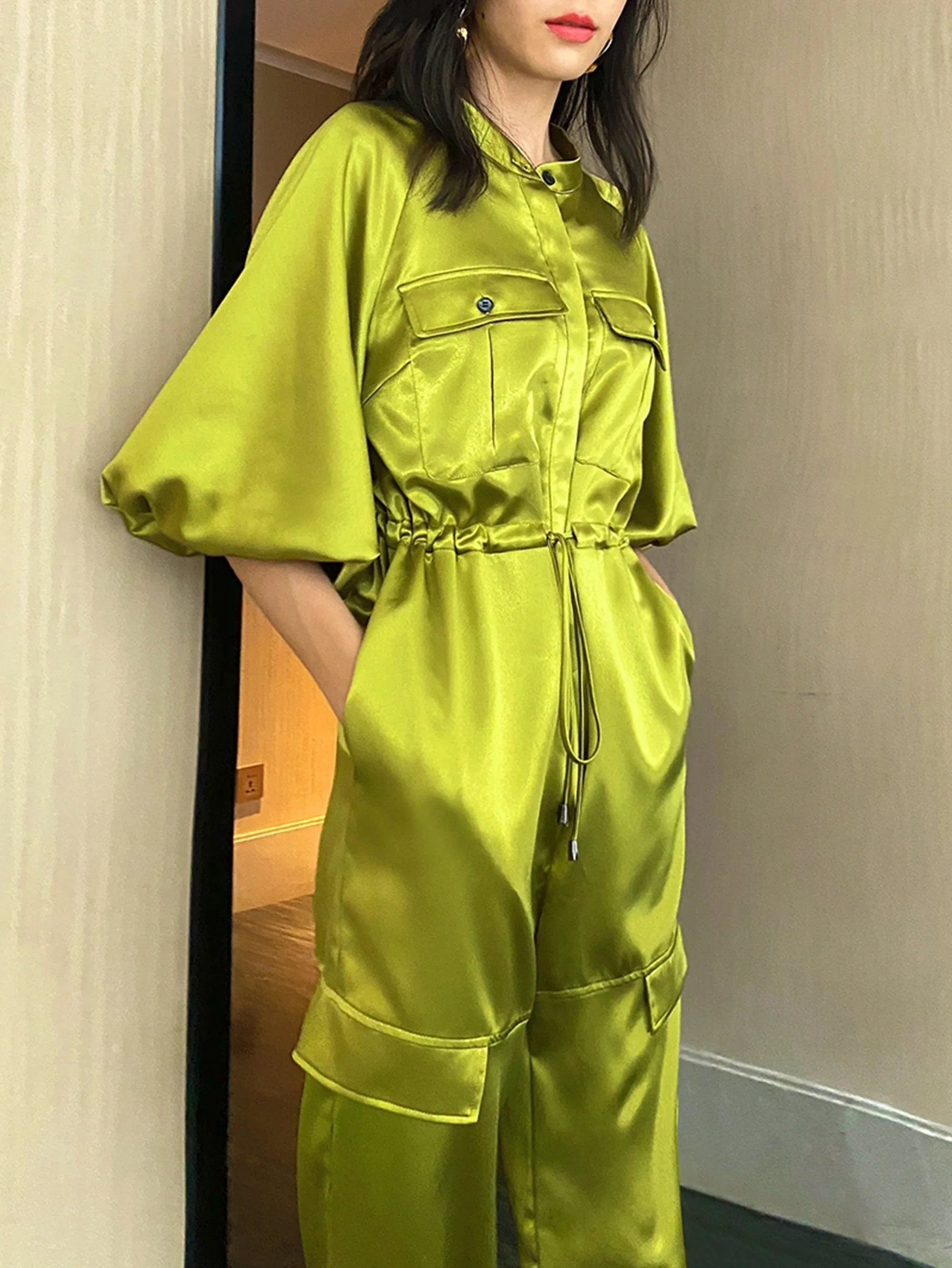 Women's Satin Jumpsuit,Green Overall,High-waist jumpsuit,loose lantern-sleeved Rompers,Green Jumpsuit,Gold Jumpsuit,Causal Loose jumpsuit